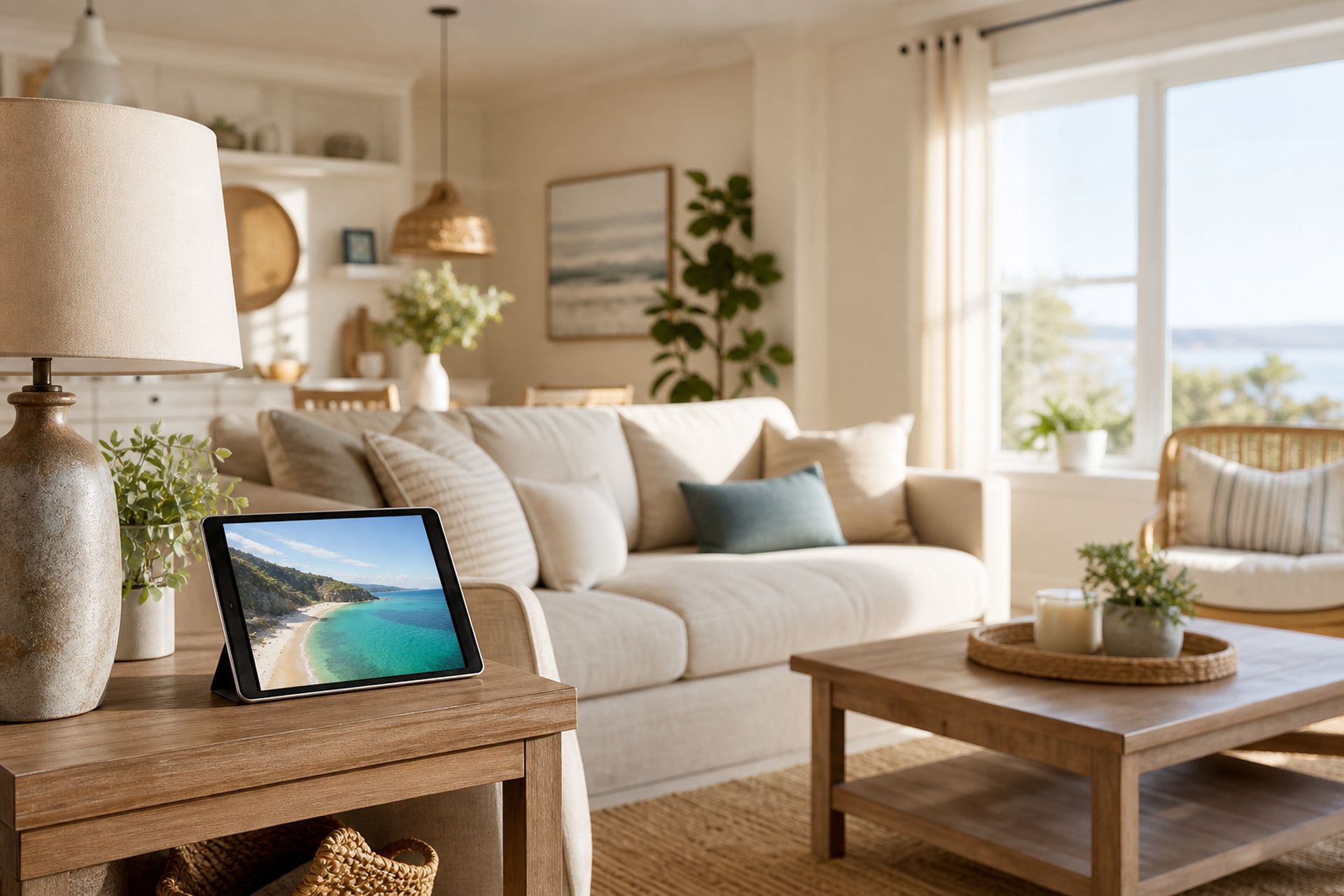 Family-ready coastal living room with welcome guide on tablet